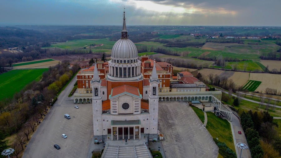 DON BOSCO SANCTUARY, Morialdo hamlet, Castelnuovo Don Bosco, Asti, from the drone