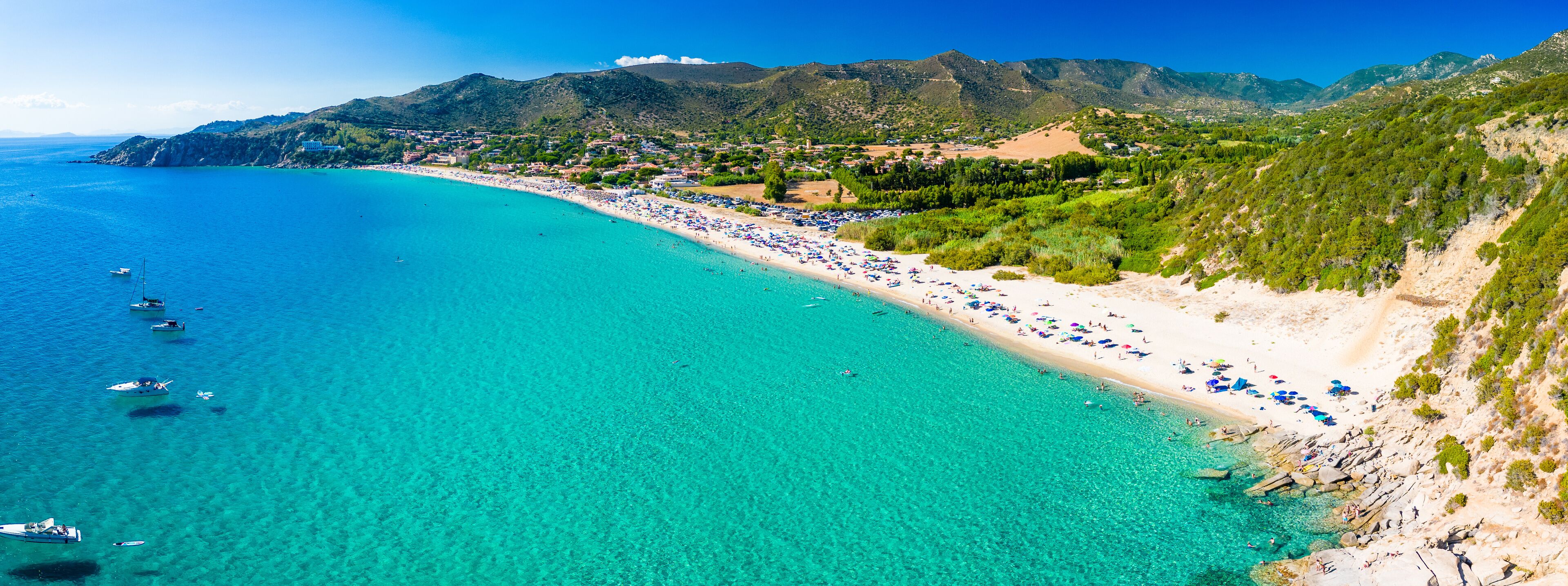 Aerial view of the Solanas beach in the province Sinnai in Sardinia, Italy