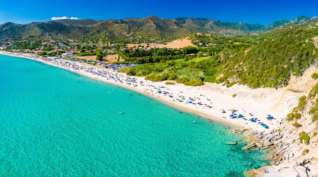 Aerial view of the Solanas beach in the province Sinnai in Sardinia, Italy