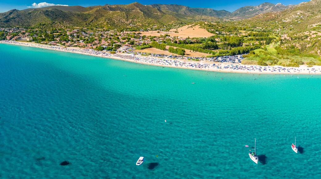 Aerial view of the Solanas beach in the province Sinnai in Sardinia, Italy