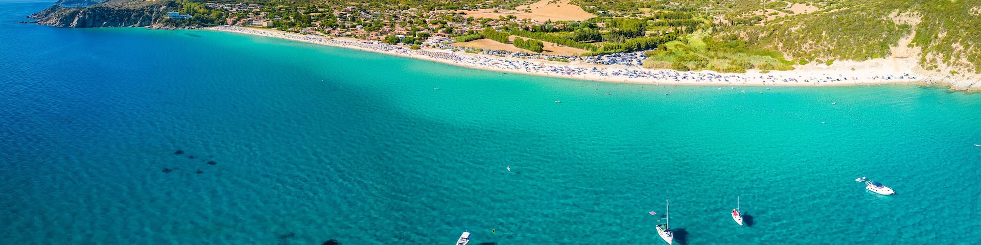 Aerial view of the Solanas beach in the province Sinnai in Sardinia, Italy