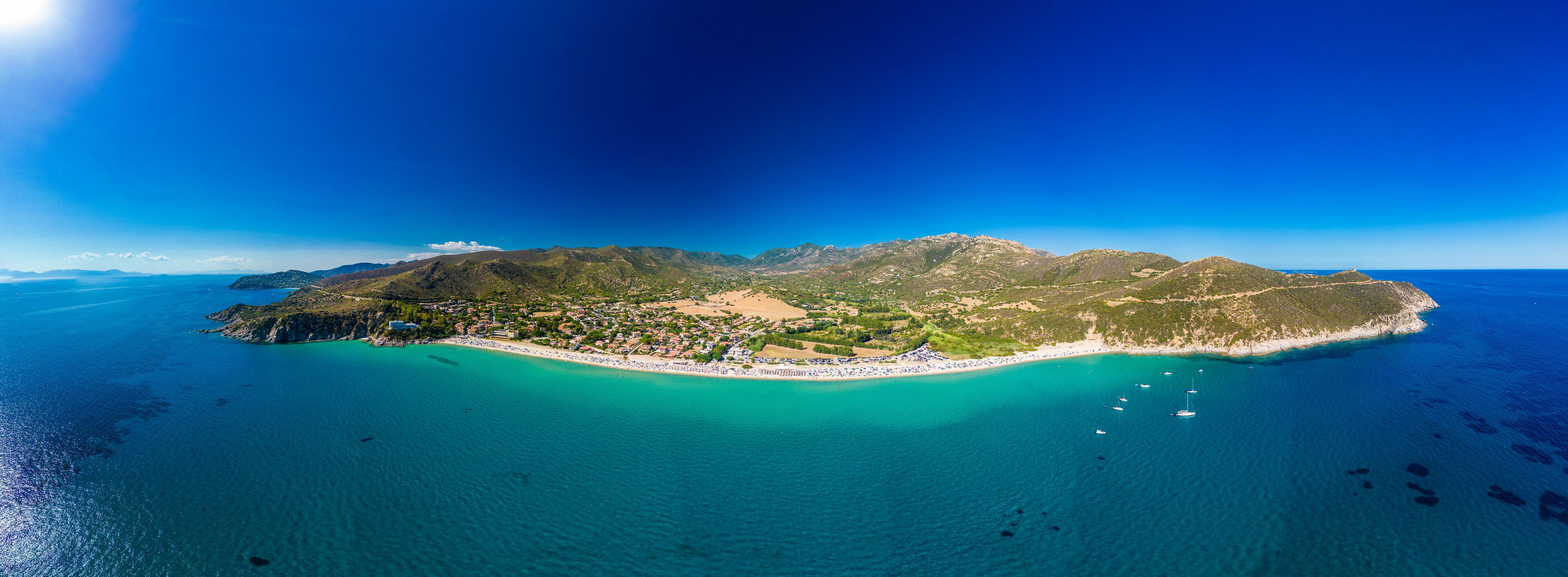 Aerial view of the Solanas beach in the province Sinnai in Sardinia, Italy