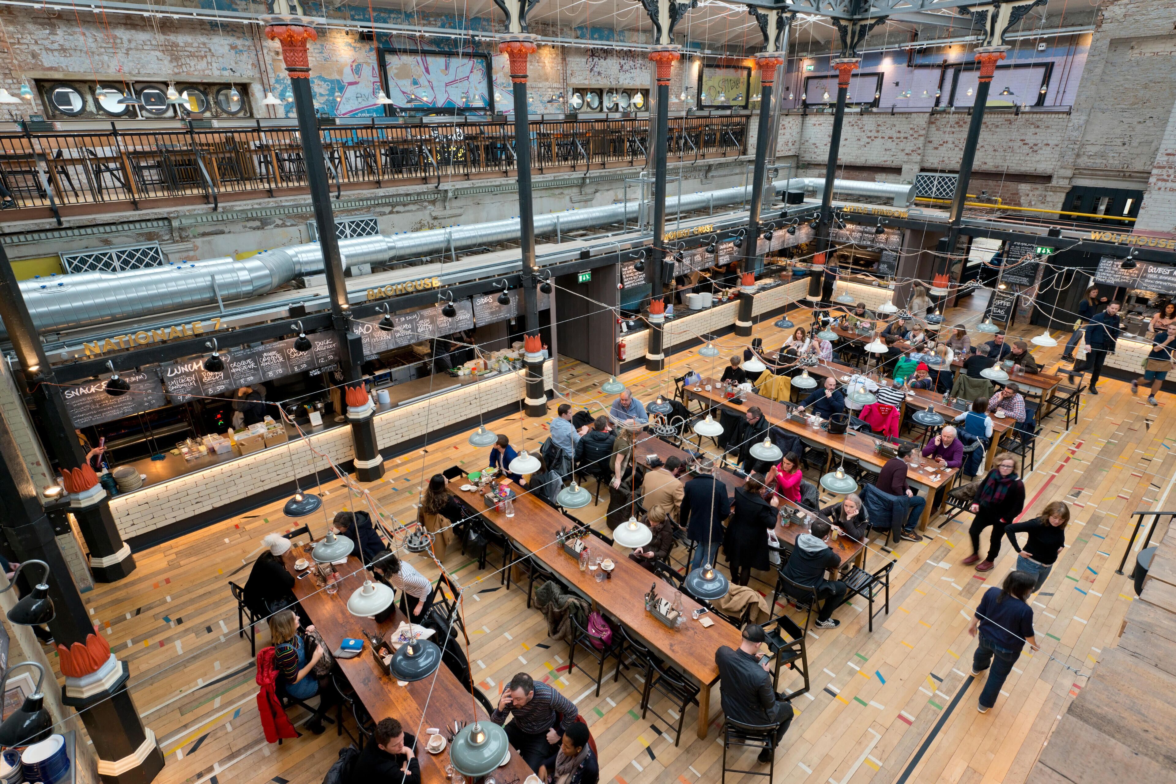 The Mackie Mayor food and drink hall located on Swan Street in the Northern Quarter area of Manchester, UK.