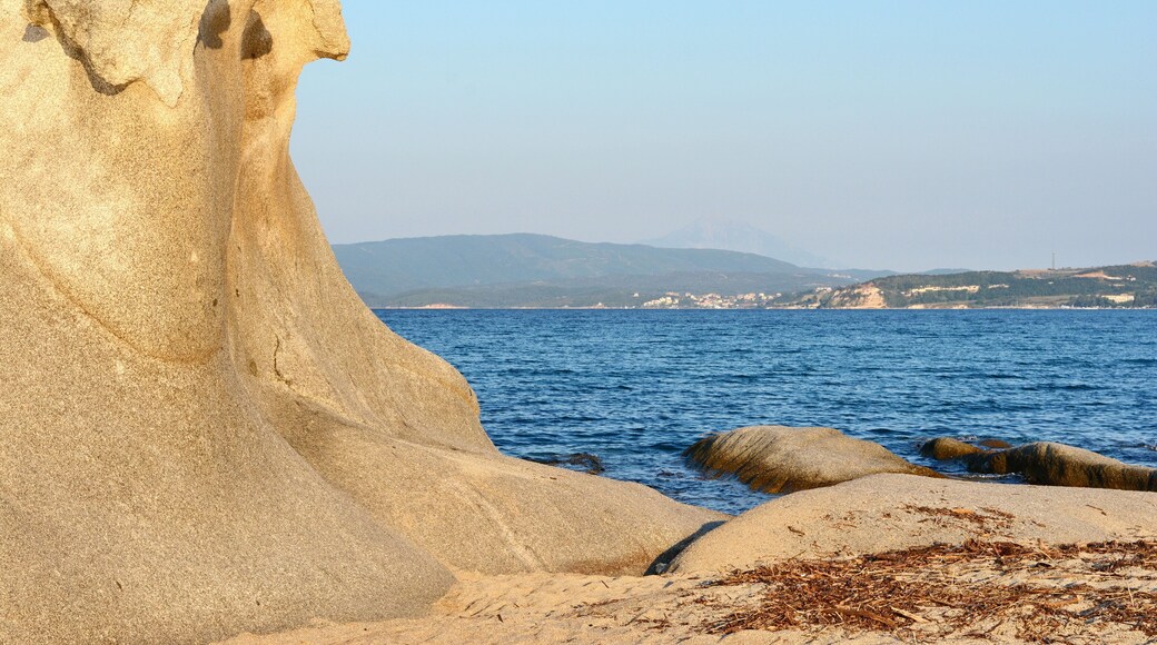 CHALKIDIKI MACEDONIA GREECE. Impressive rocks at Kakoudia beach, close to Ierissos town (Aristotle Municipality).Beuautiful sea scape. Rocks in the sea. Ierissos, greece.