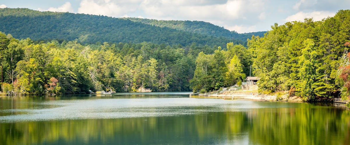 A calm lake surrounded by dense forest and a mountain in the background.