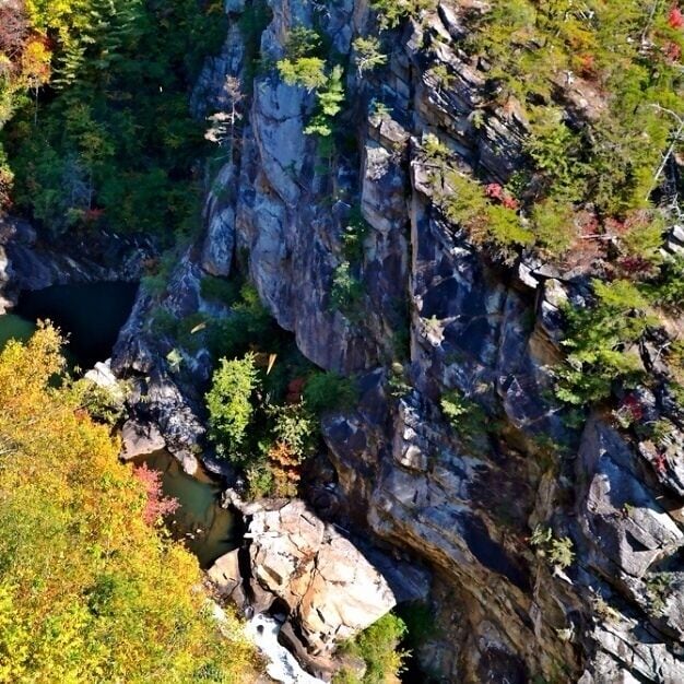 A rocky cliff with a river at its base and autumn foliage.