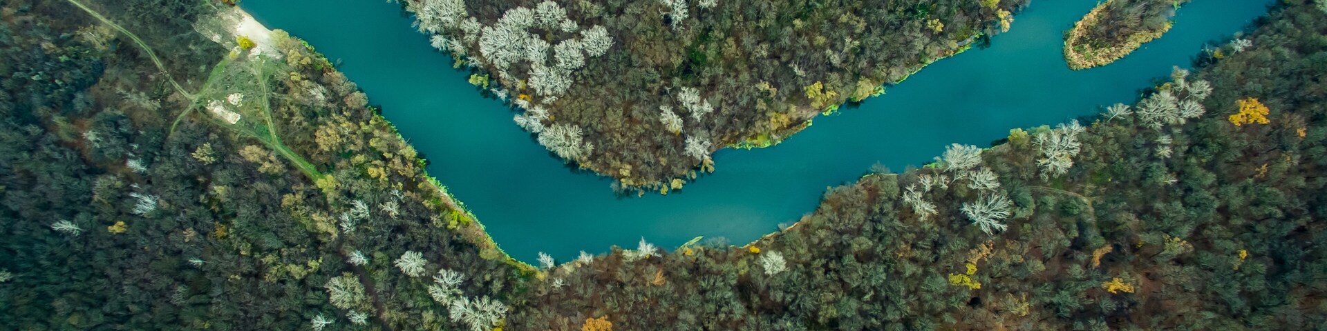 Vista aérea de un río serpenteando por un valle densamente arbolado con zonas de follaje amarillo.