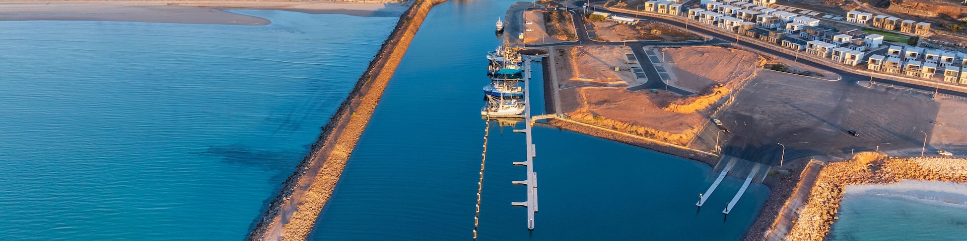 Coastal marine protected by long rock breakwaters