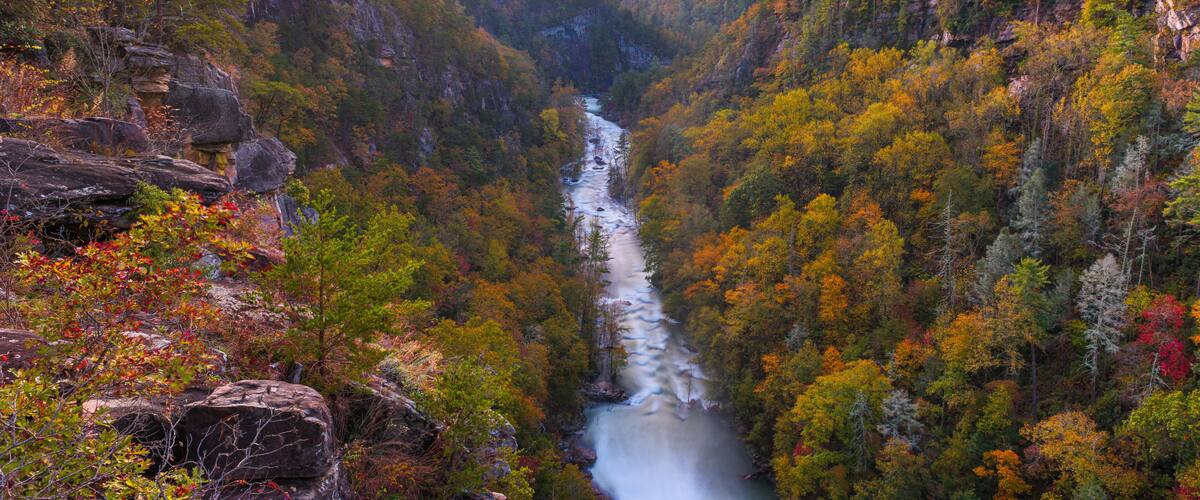 A river flowing through a forested valley with autumn foliage.