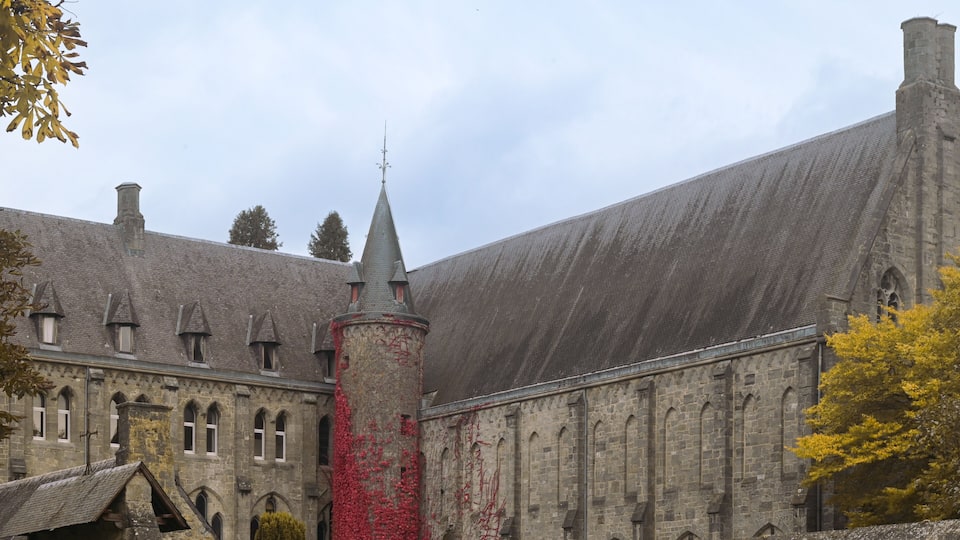 A historic building with a tall tower and ivy-covered walls.