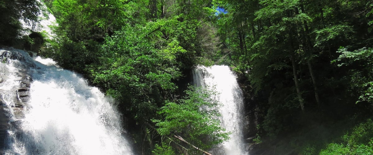 A waterfall in a forested area with lush greenery and rocky terrain.