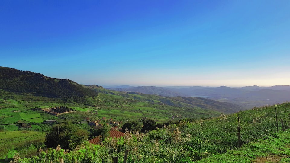 A lush green valley with rolling hills and scattered houses.