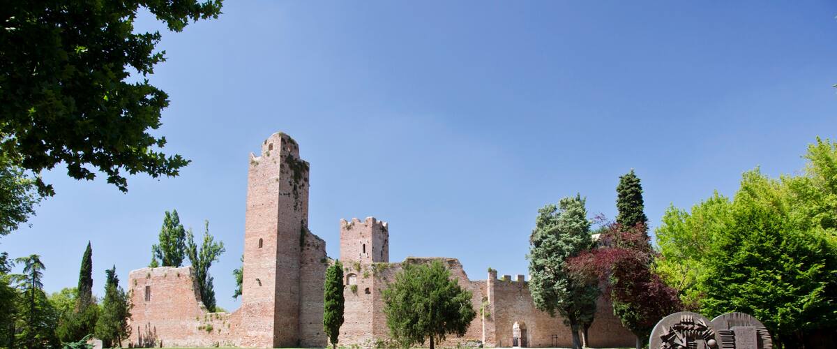 A historic castle with a tall tower, surrounded by lush greenery and a clear blue sky.