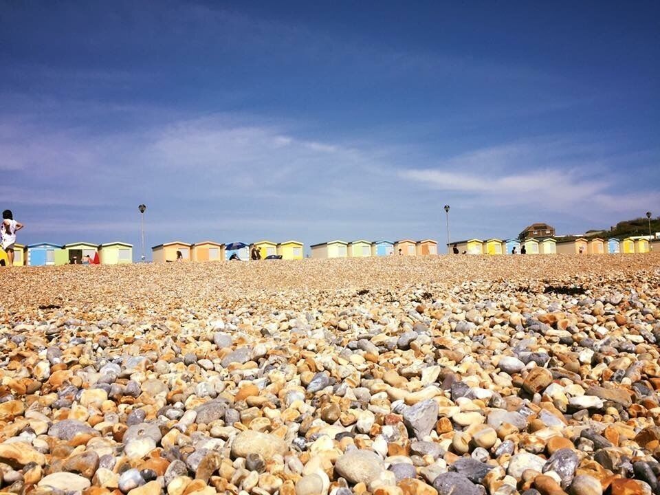 Stone beech in uk  blue sky “#BeachBound”