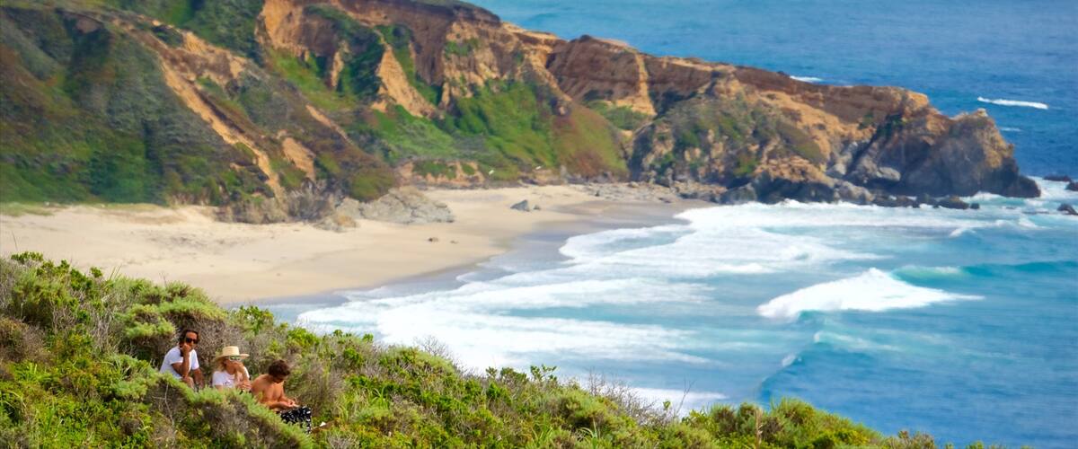 Faro de Point Sur mostrando montañas, una playa y vistas generales de la costa