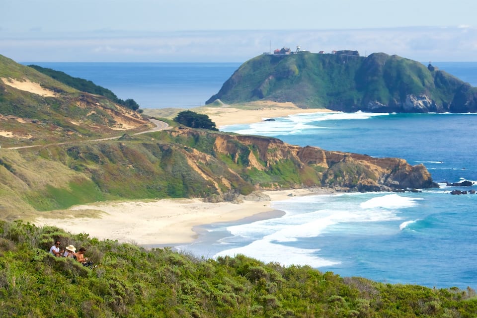 A coastal landscape with a prominent hill, beach, and ocean waves.