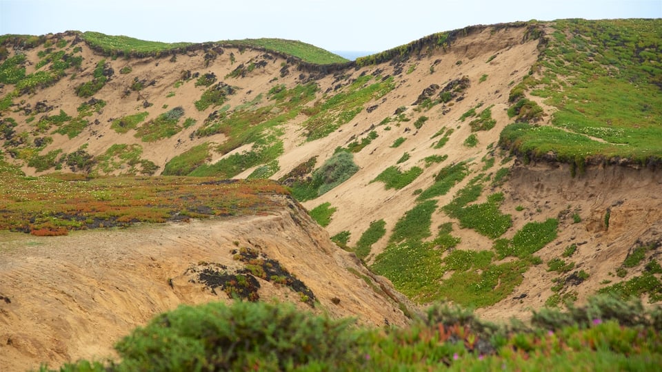 A rugged landscape with steep, sandy hills and sparse vegetation.