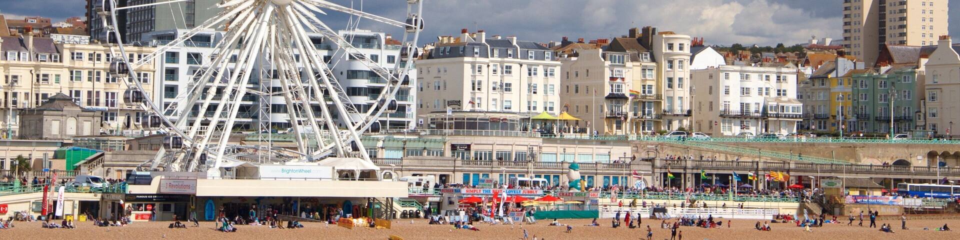 Grande roue de Brighton mettant en vedette ville cĂŽtiĂšre, ville et plage