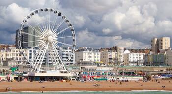 Rueda de Brighton ofreciendo una playa, vistas generales de la costa y una ciudad costera