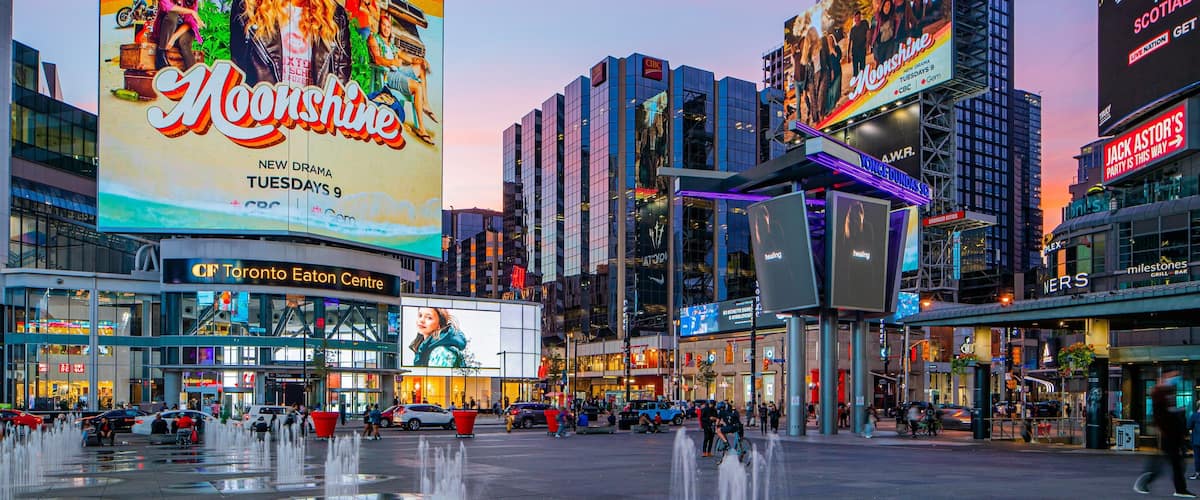 Yonge-Dundas Square featuring night scenes, a city and a square or plaza