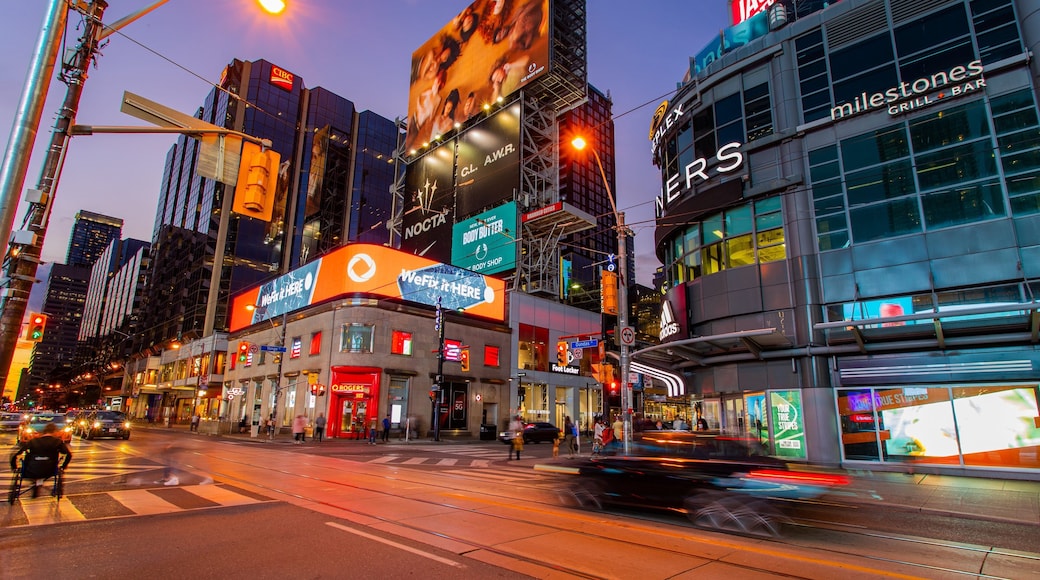 Yonge-Dundas Square featuring signage, night scenes and a city