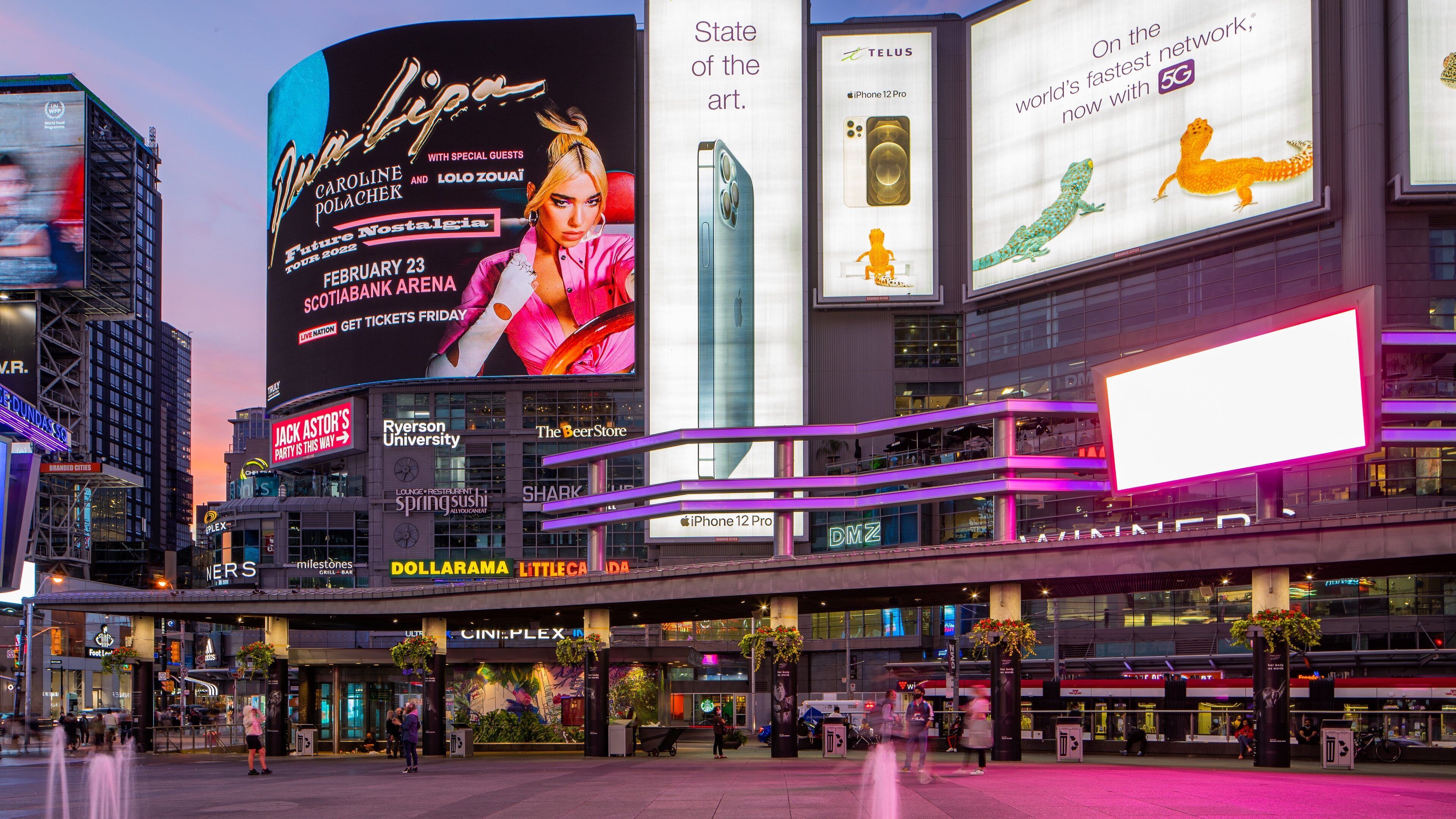 Yonge-Dundas Square which includes night scenes, central business district and a city