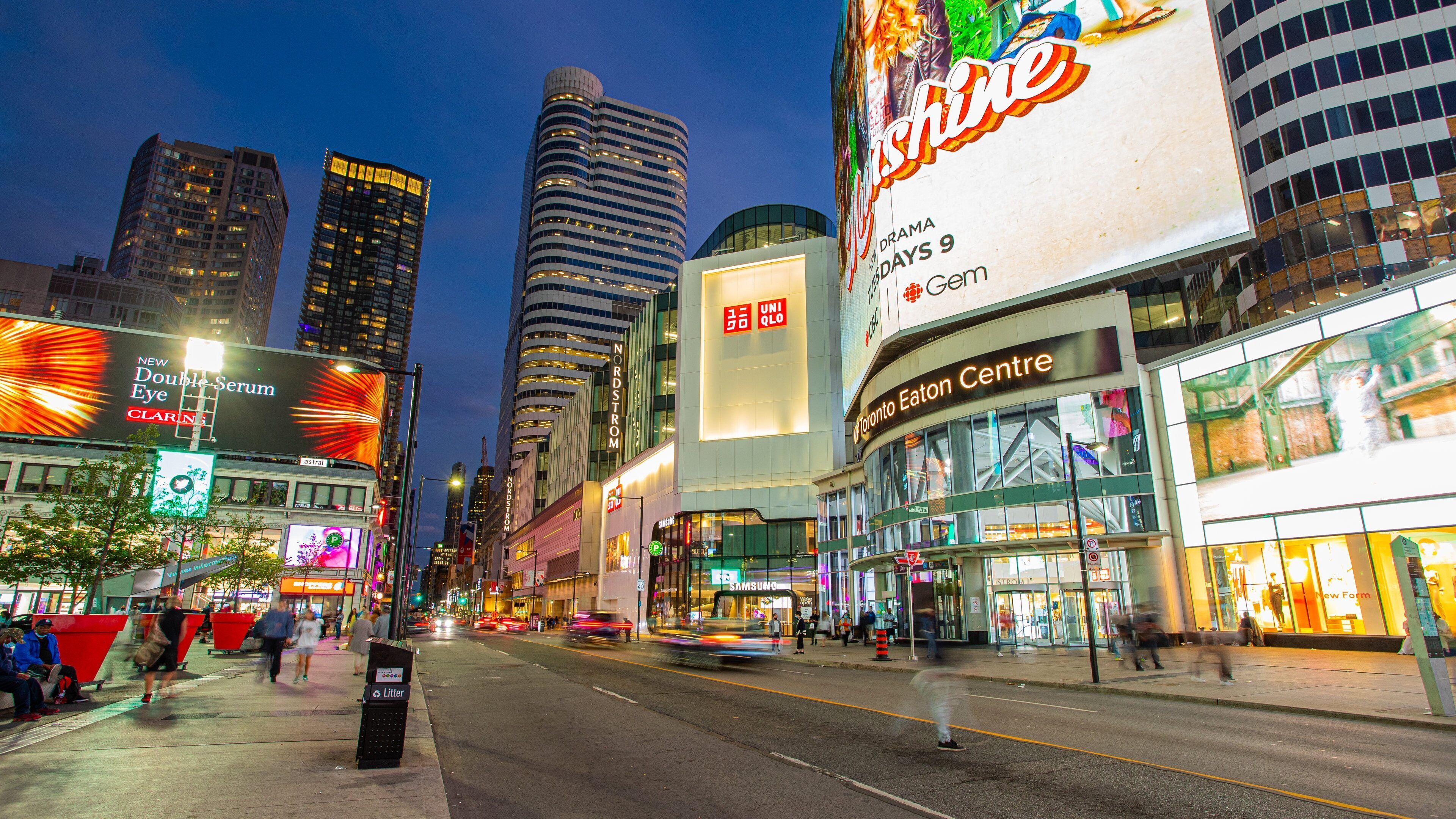 Yonge-Dundas Square which includes night scenes, signage and a city