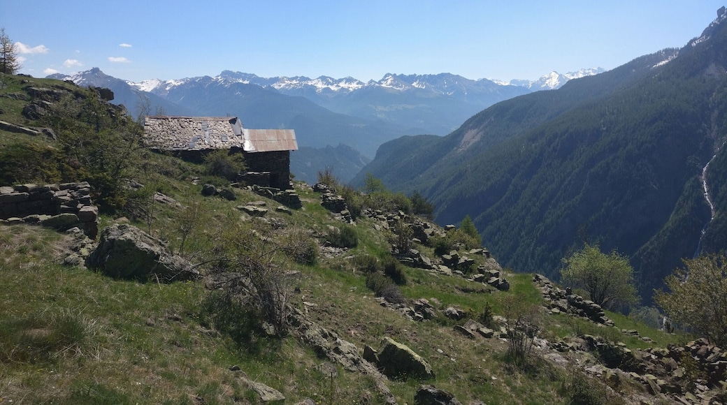 Two cabins abandoned on the slopes of the mountains, in the Dormillouse valley. In the hard sun, the snowy peaks of the Queyras are visible in the background. A couple hours of hiking are necessary to reach les Allibrands. #TakeAHike