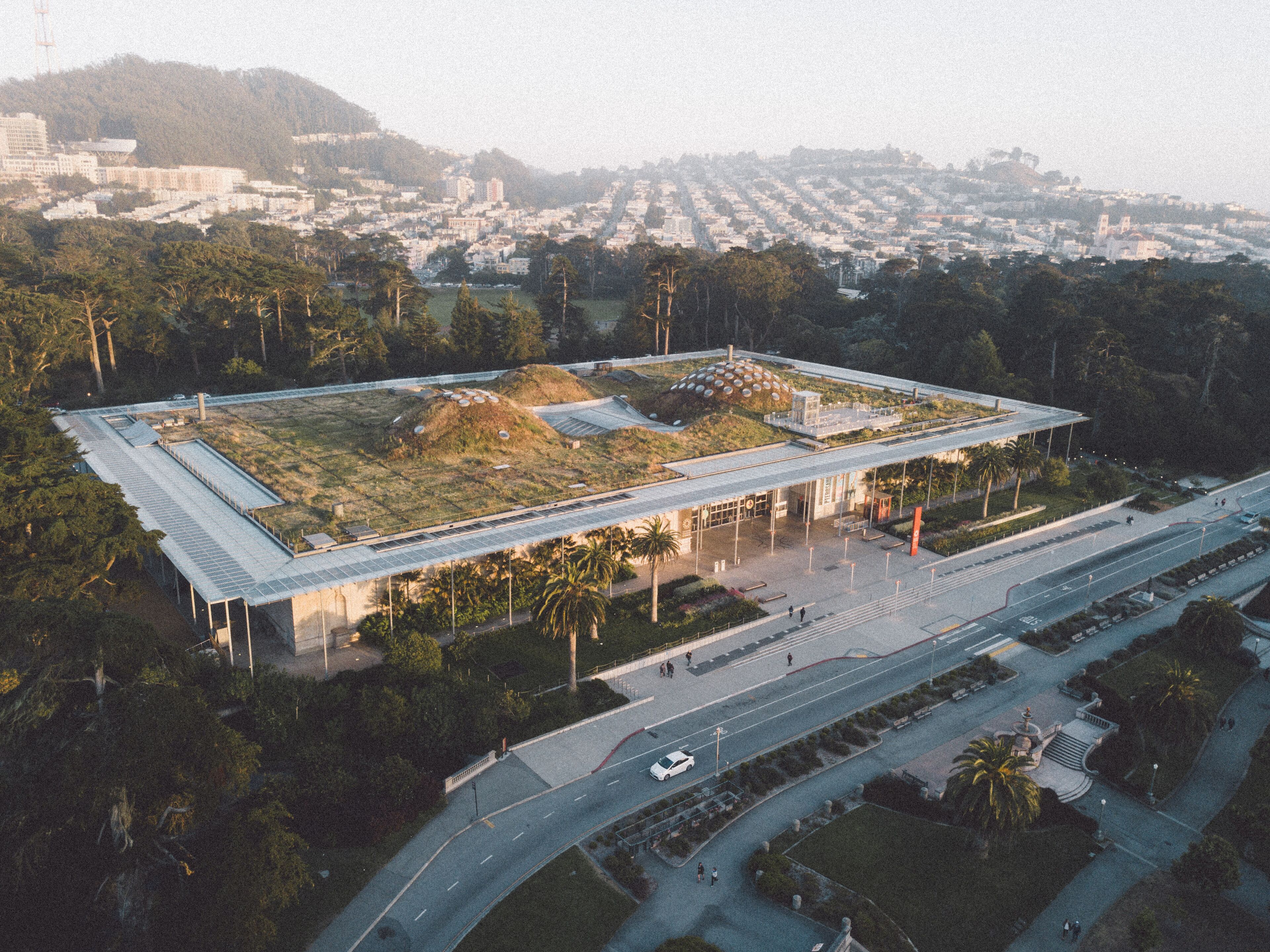 Aerial Drone Shot Sunset Academy of Science Living Roof