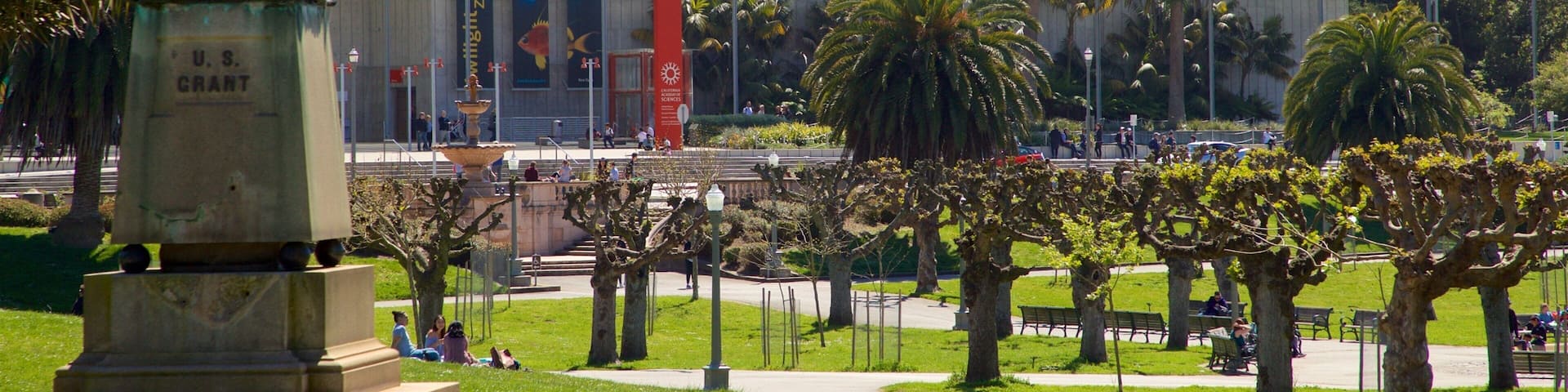 A park with a statue, palm trees, and a building with banners.