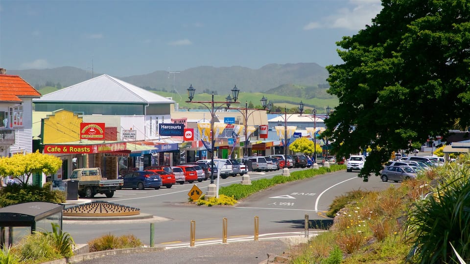 A street with cafes, shops, and cars.