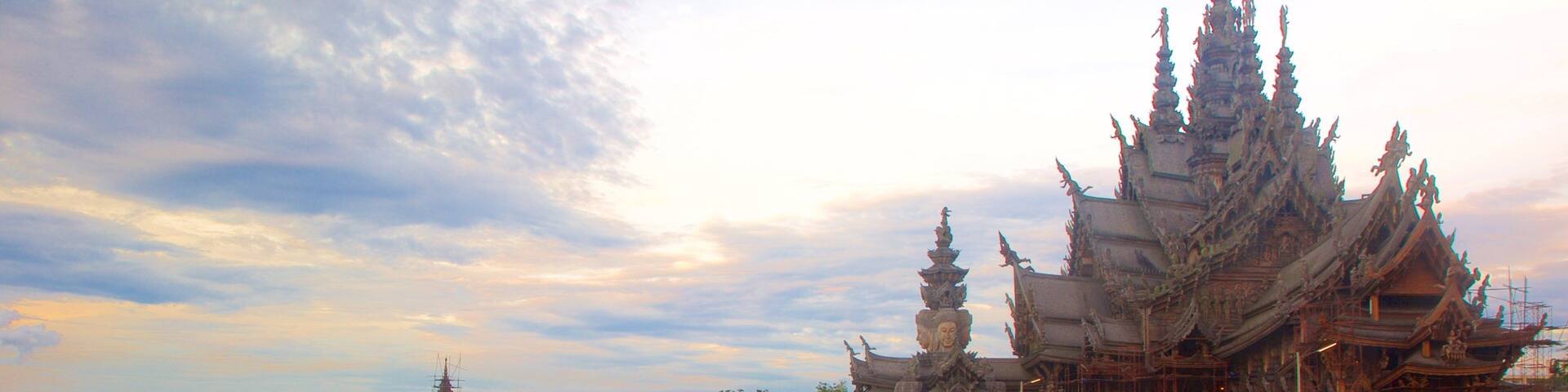 The Sanctuary of Truth which includes general coastal views and a temple or place of worship