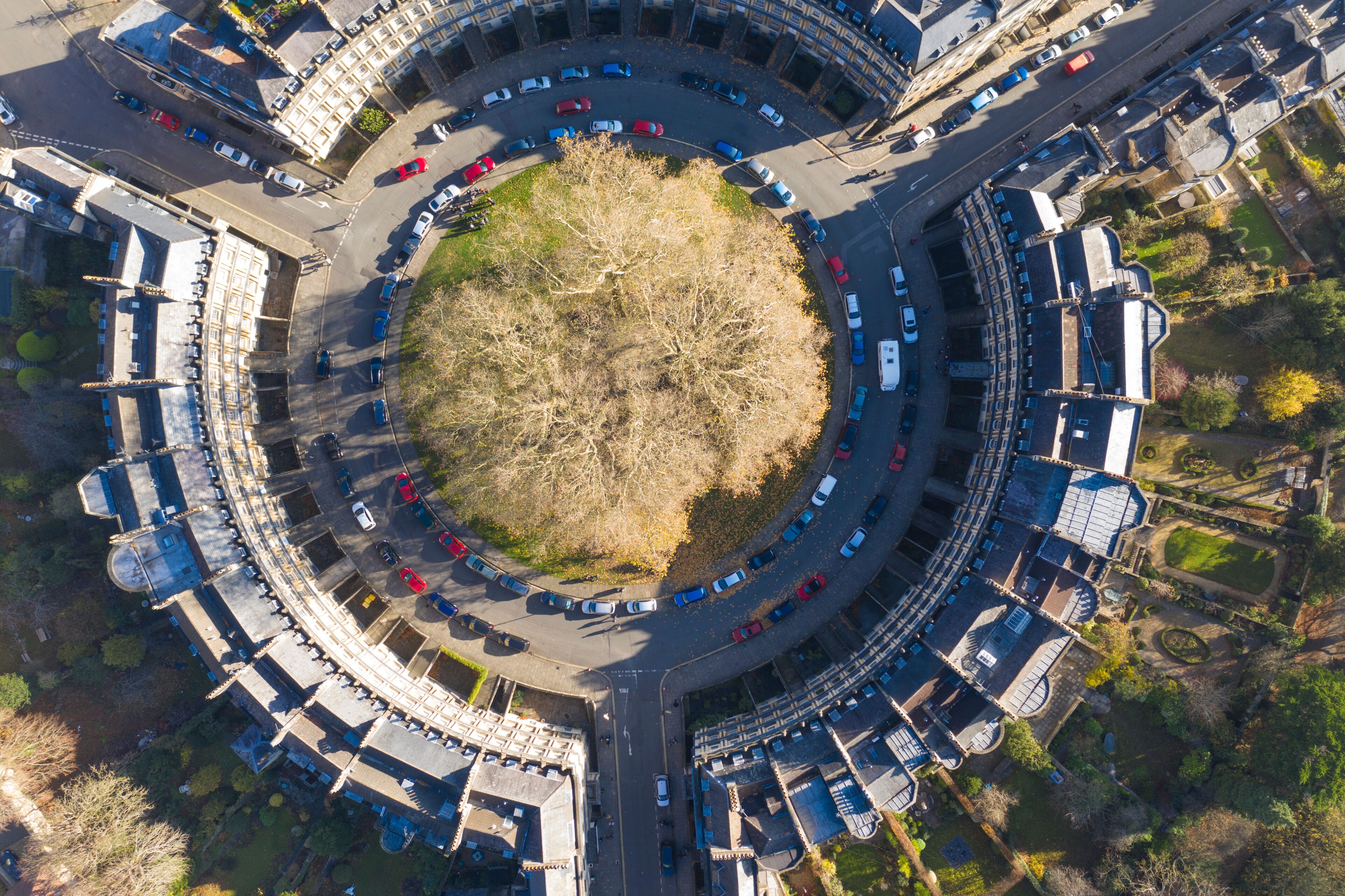 Aerial drone view of the Circus street in Bath, Somerset, UK