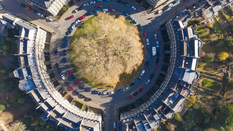 Aerial drone view of the Circus street in Bath, Somerset, UK