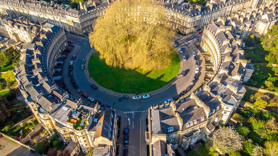 Aerial view of famous the circus building in Bath, England
