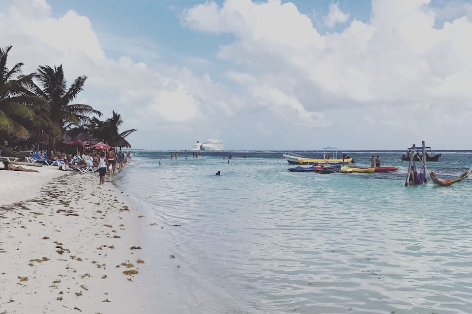 A beach with clear turquoise water, palm trees, and a cruise ship in the distance.