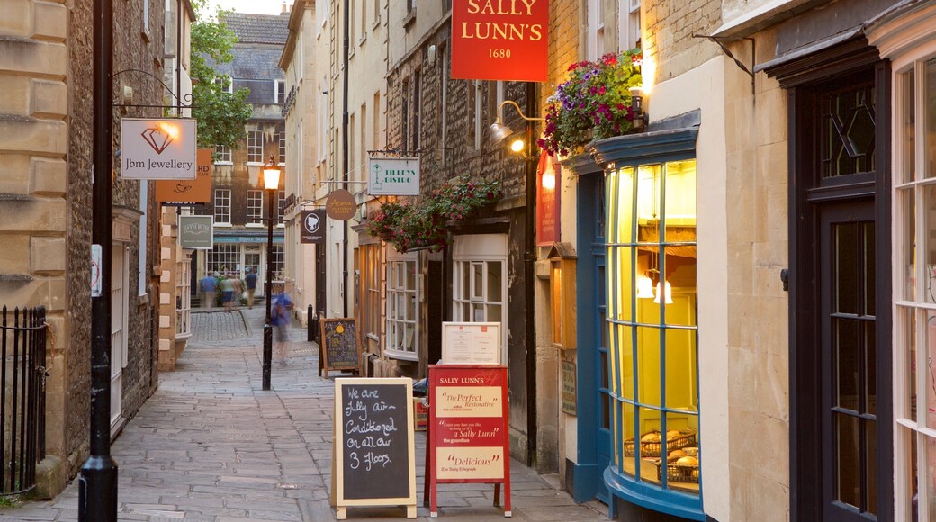 Sally Lunn\'s featuring signage, street scenes and a city