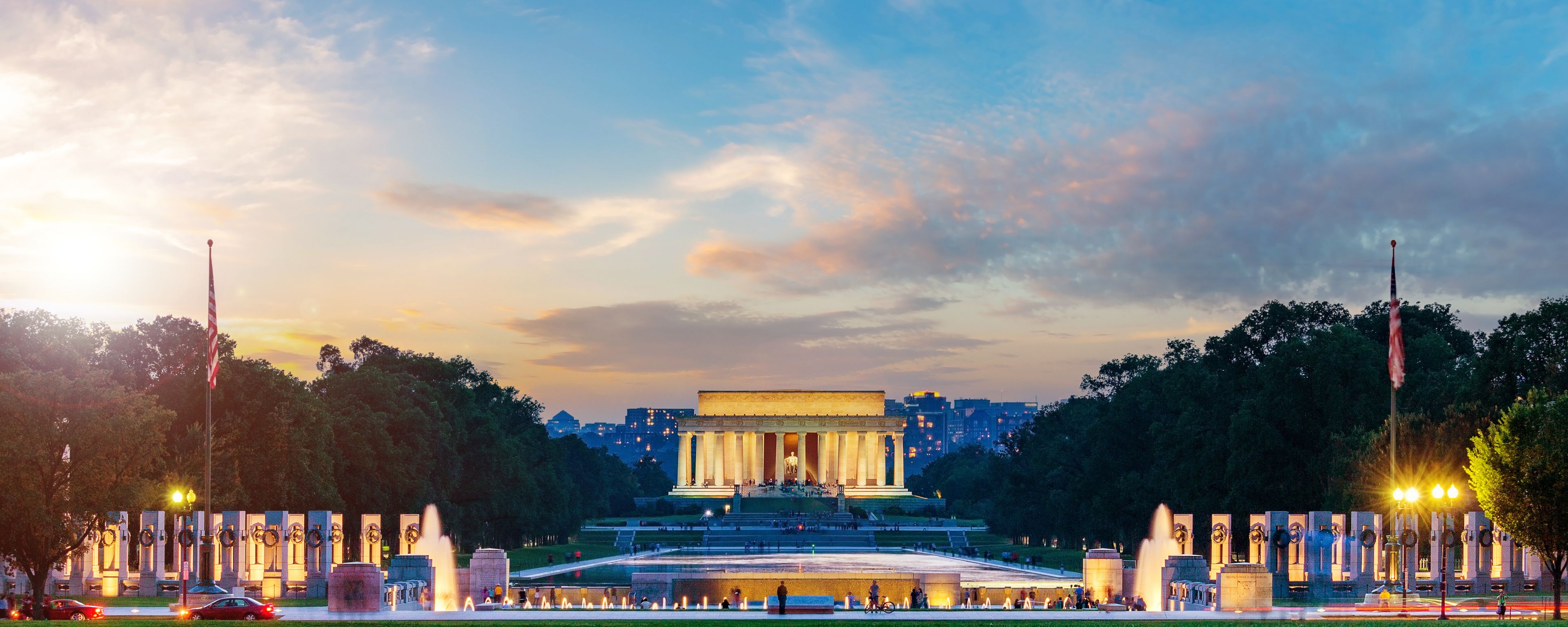 Lincoln Memorial on sunset. Seen from National Mall, Washington DC, USA. Long exposure photography.