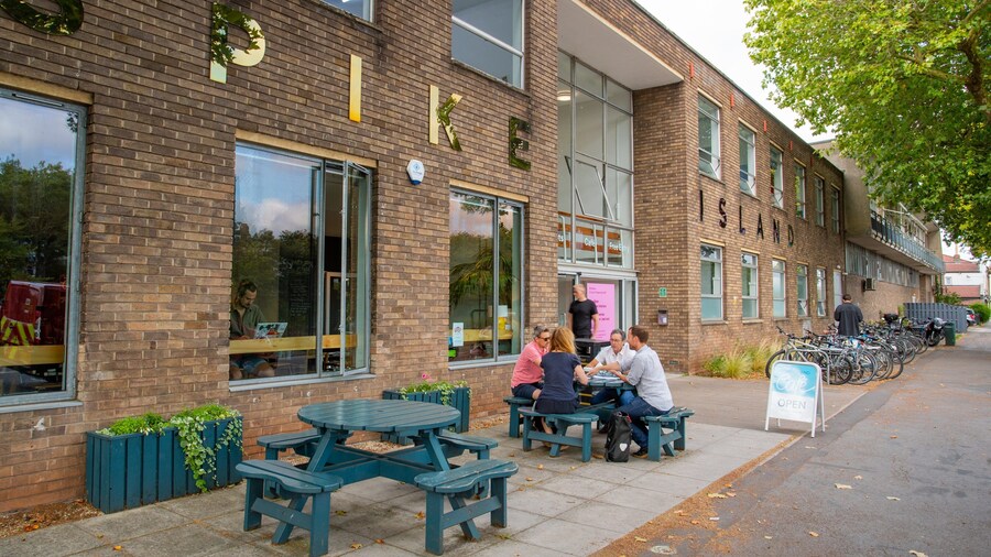 Bristol Floating Harbour showing outdoor eating as well as a small group of people