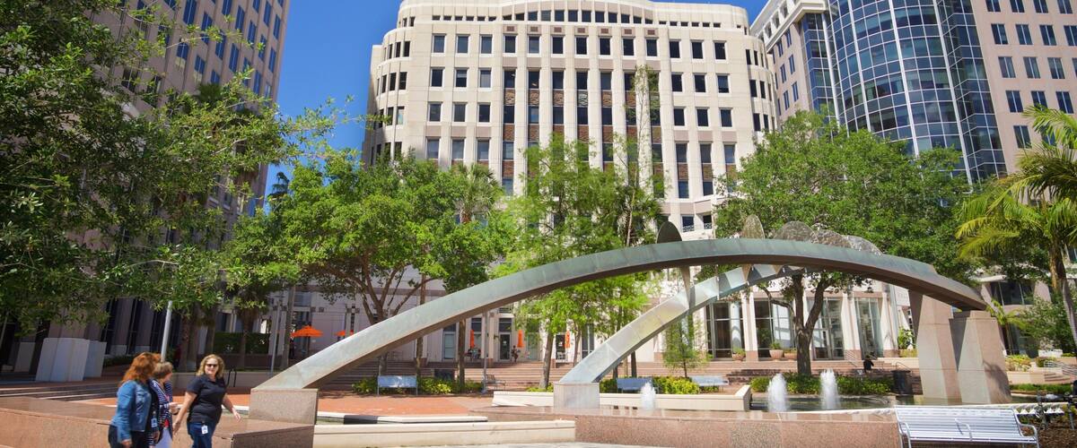 Orlando City Hall showing a fountain, outdoor art and street scenes