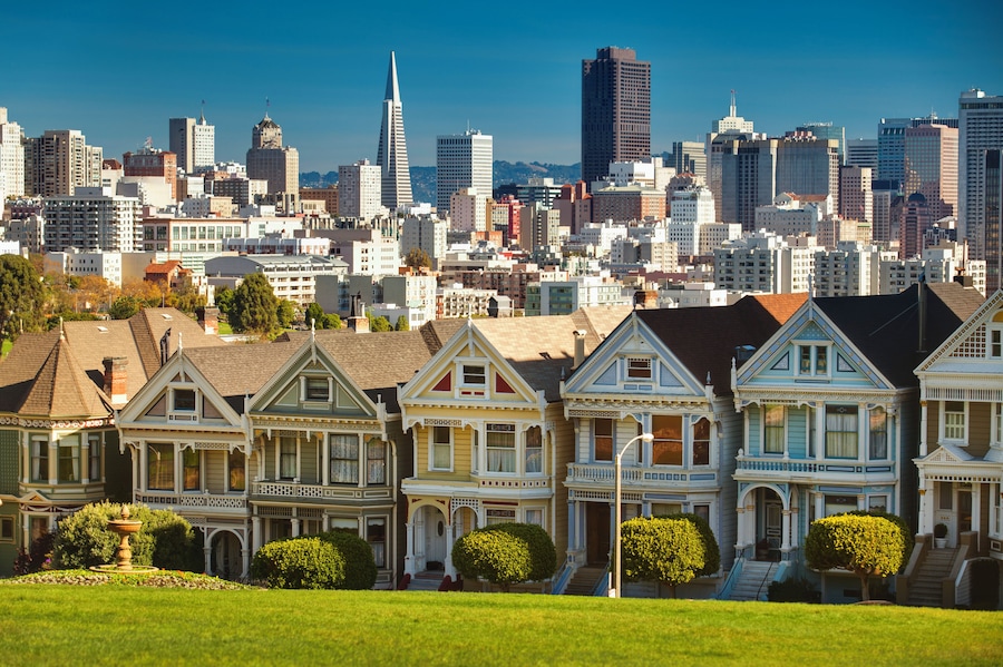 "Downtown cityscape of San Francisco California, USA with the painted ladies house"