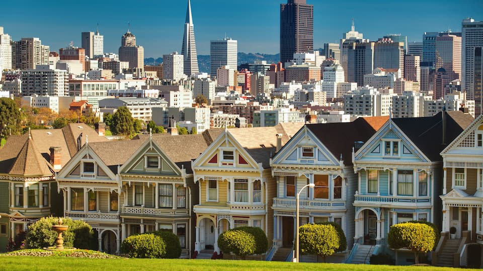 "Downtown cityscape of San Francisco California, USA with the painted ladies house"