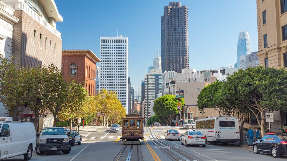 Downtown San Francisco featuring railway items and a city