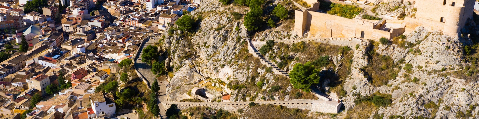 Scenic aerial view of Spanish city of Castalla with old castle Castillo de Castalla