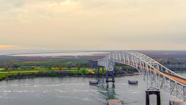Aerial view of the Sabine Lake Causeway Bridge at Port Arthur Texas on an overcast day.