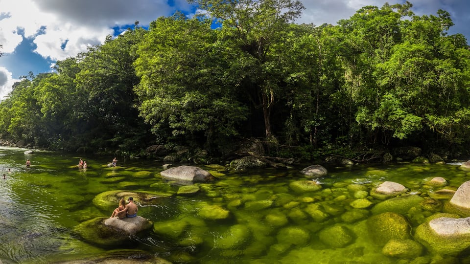 A river with clear water, surrounded by lush green trees and rocks.