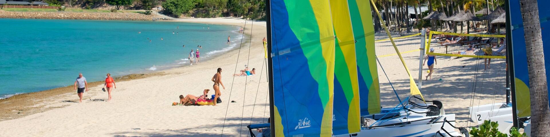 Catseye Beach mettant en vedette plage de sable et voile aussi bien que petit groupe de personnes