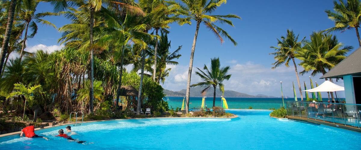 A swimming pool surrounded by palm trees and a view of the ocean.