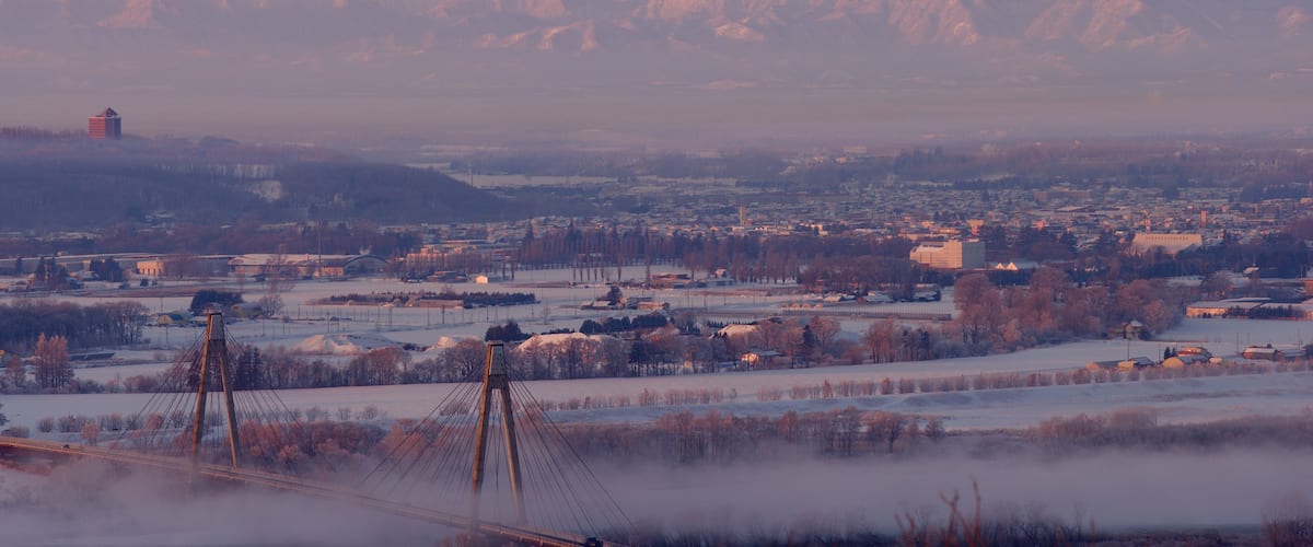 A snow-covered landscape with a bridge, mountains, and a town in the background.