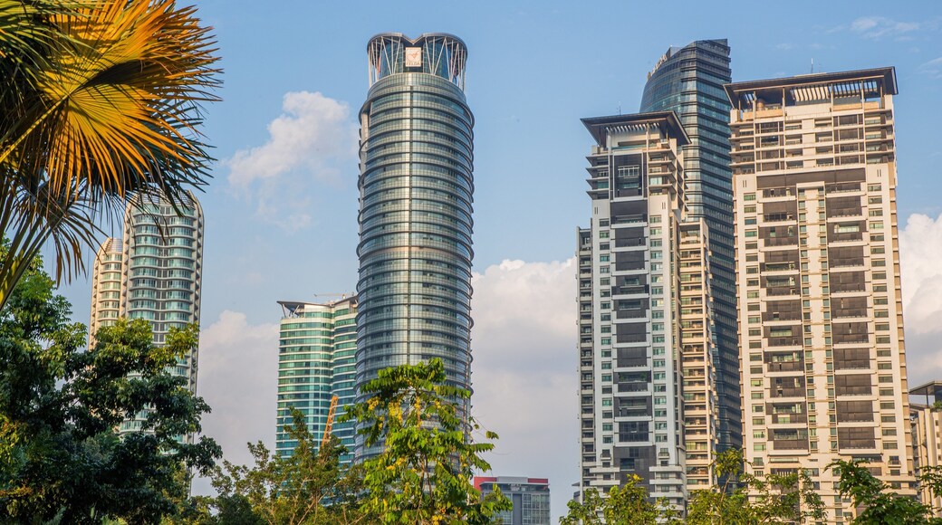 KLCC Park which includes a city and a high rise building